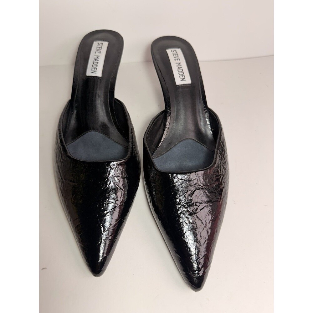 Steve Madden Audree Black Crinkled Patent Pointed Toe Kitten Heel Mules 7.5M